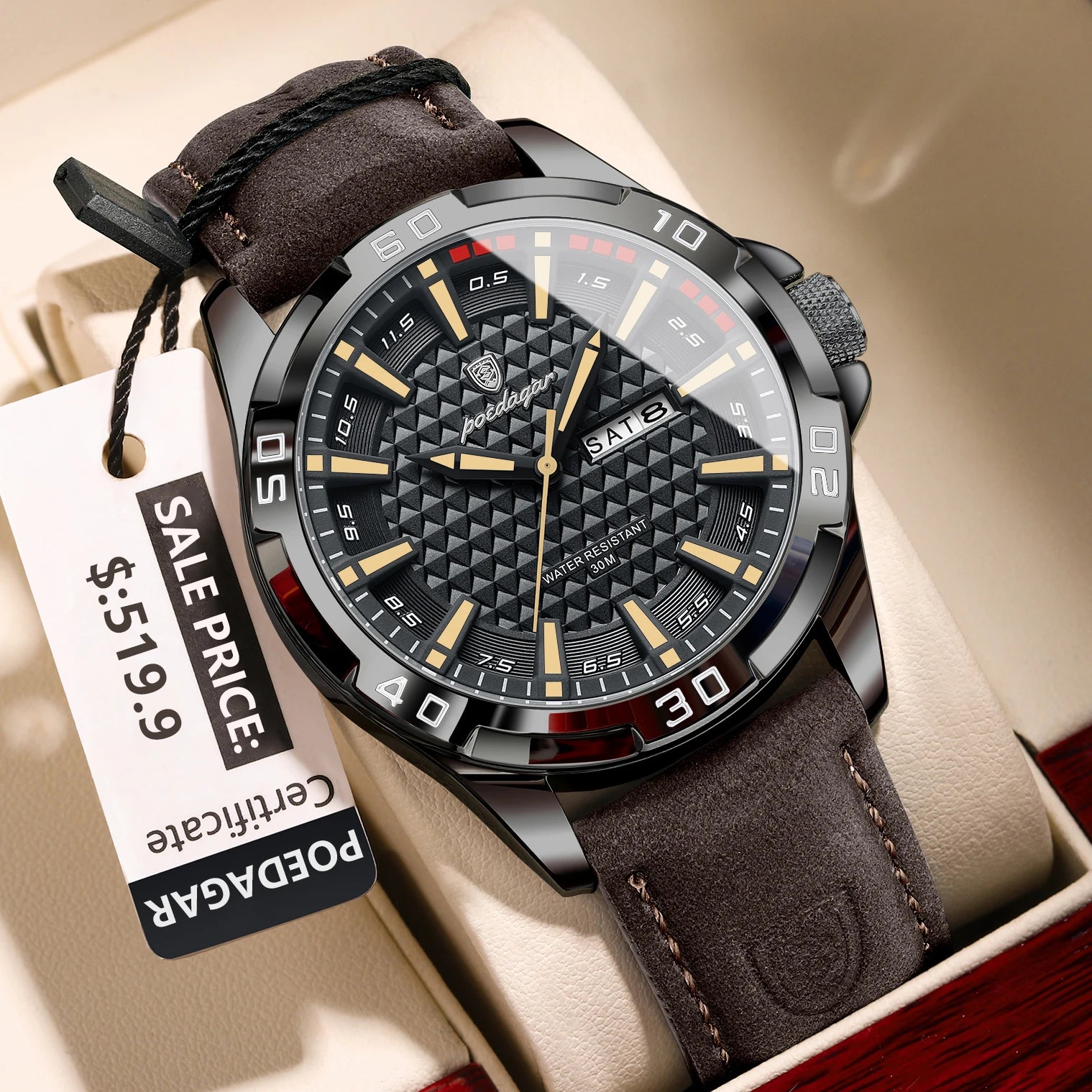 POEDAGAR Original Man Wristwatch Top Luxury Waterproof Luminous Date Week Watch For Men Quartz Sport Leather Men's Watches Reloj